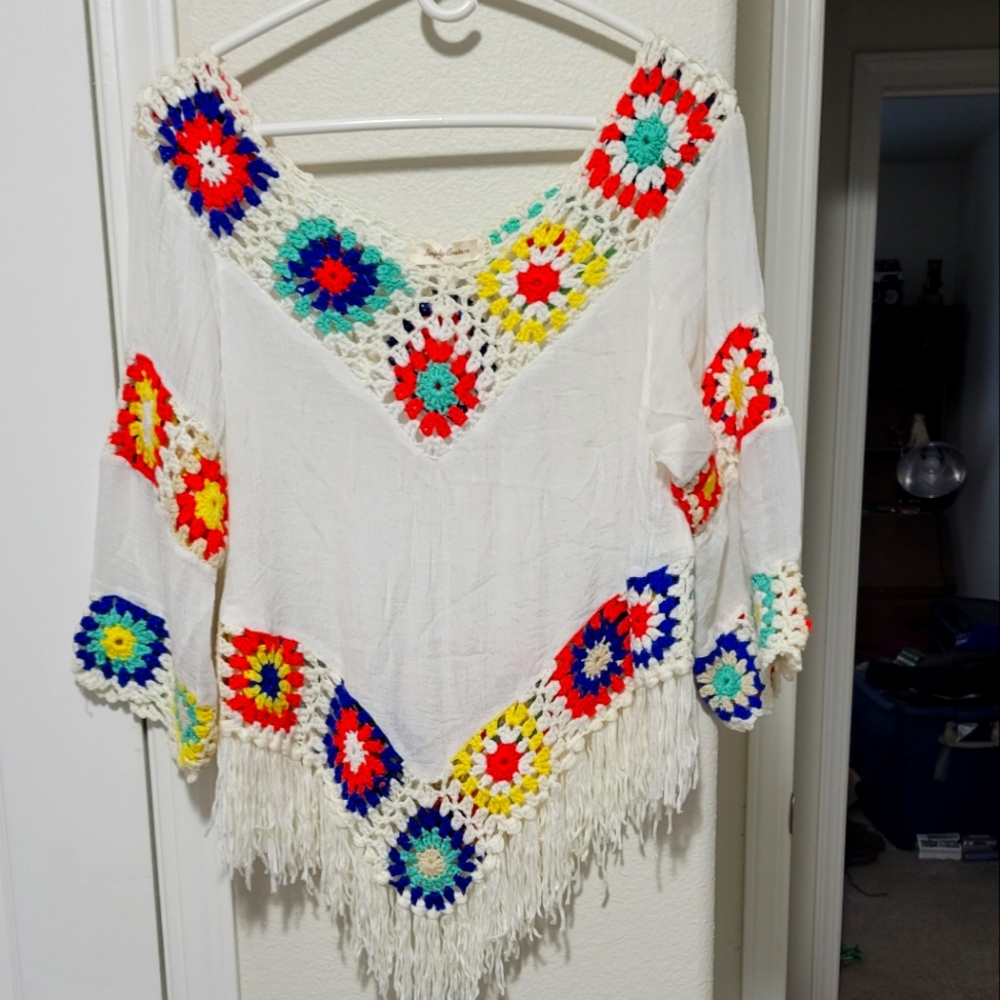 Simply Couture BOHO Hippie style embroidered fringe blouse size XL